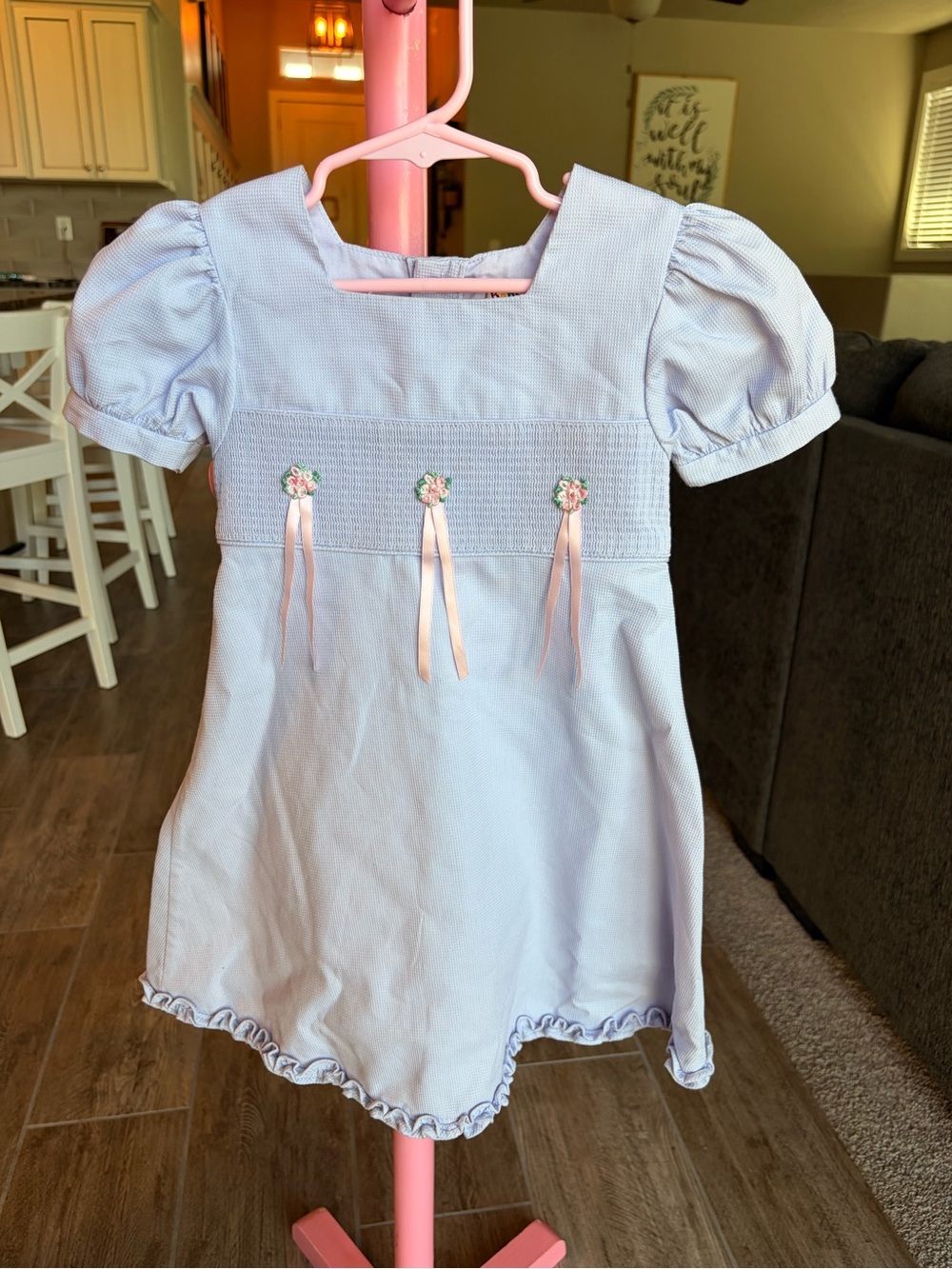 Light Purple Smocked Puff-Sleeve Kids Dress with Pink Ribbon Flowers